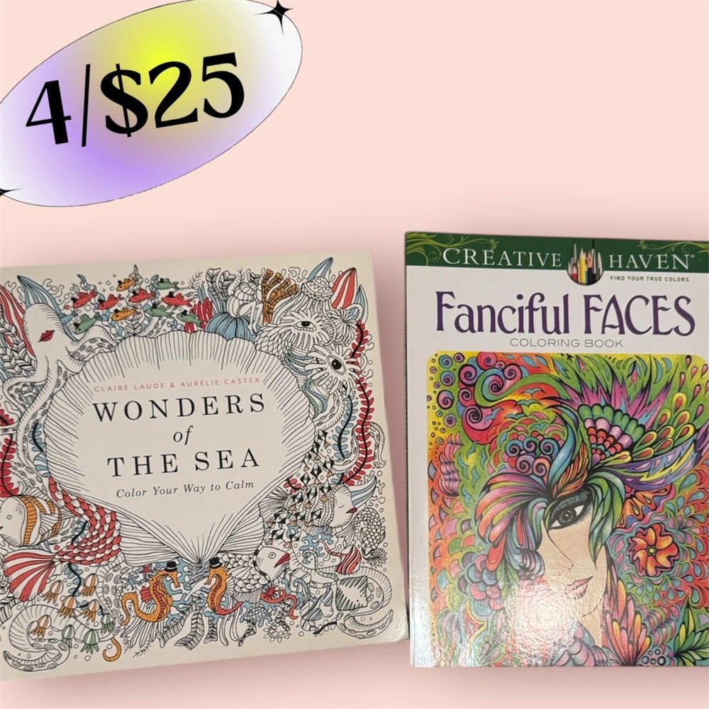 4/$25 Coloring Books Set - Wonders of the Sea & Fanciful Faces Bundle